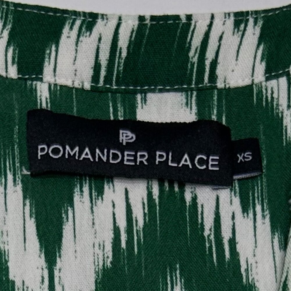 Pomander Place Ikat Kenzo Dress XS Green White Chevron Print Tiered V-Neck Ruffl - Picture 2 of 15